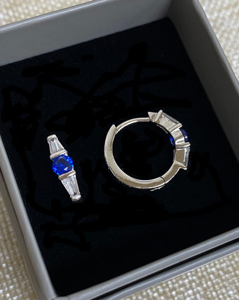 Sterling Silver Rhodium Plated Blue Spinel and CZ Hinged Hoop Earring