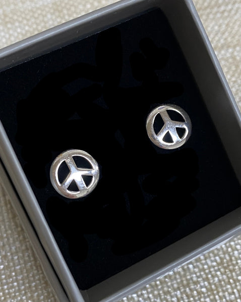 Sterling Silver Rhodium Plated Peace Sign Earrings