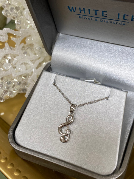 White Ice - Sterling Silver Rhodium Plated .03ct Diamond Treble Clef Necklace