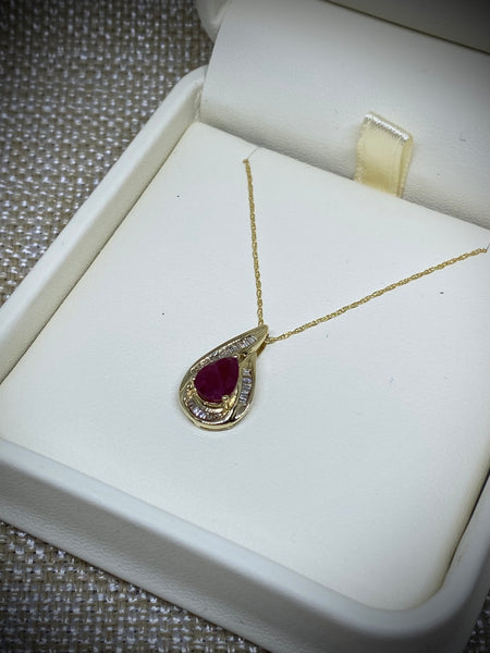 14K Yellow Gold Genuine Ruby and Diamond Necklace