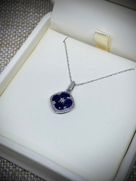 14K White Gold Blue Sapphire .16tw Diamond Necklace