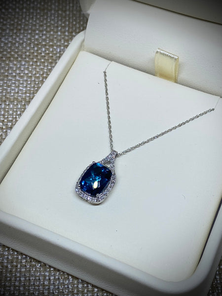 14K White Gold  London Blue Topaz, .14tw Diamond Necklace