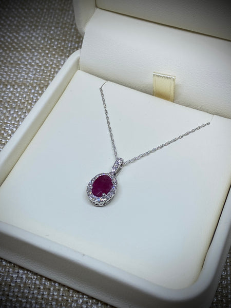 14K White Gold .12tw Diamond and Genuine Ruby Necklace