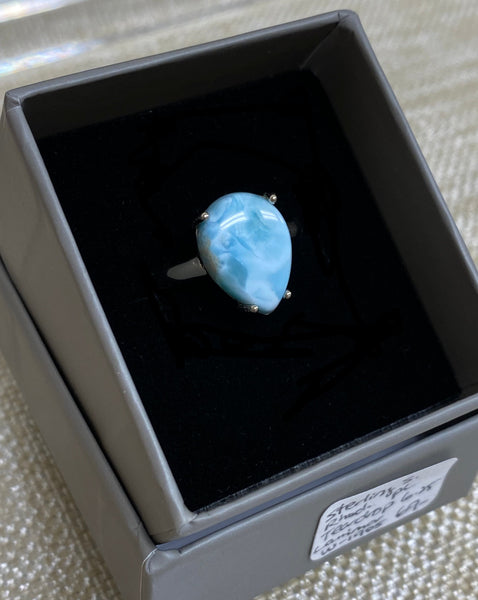 Sterling Silver Rhodium Plated Teardrop Larimar Ring