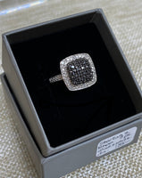 Sterling Silver Rhodium Plated Black and White Diamond Halo-Style Ring