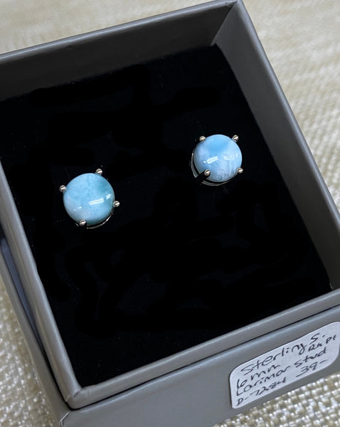 Sterling Silver Rhodium Plated 6mm Larimar Stud Earrings