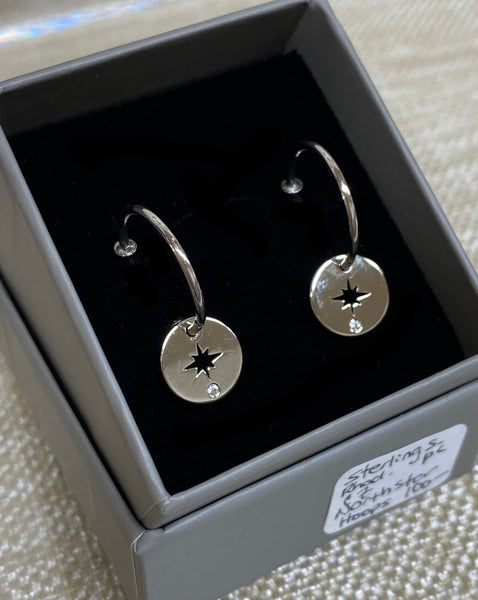 Sterling Silver Rhodium Plated Northern Star Hoop Post Earrings