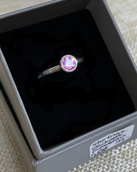 Sterling Silver Rhodium Plated C. Round Bezel-Set Pink Sapphire