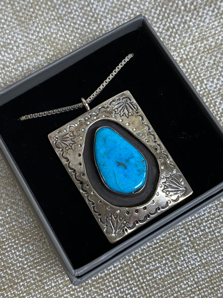 Sterling Silver Turquoise Native American Pendant on 28" Sterling Silver Box Chain