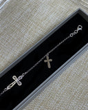 Sterling Silver Rhodium Plated Sideways Cross with Cross Charm Bracelet