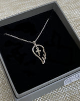 Sterling Silver Rhodium Plated Angel Wing with Cross Necklace