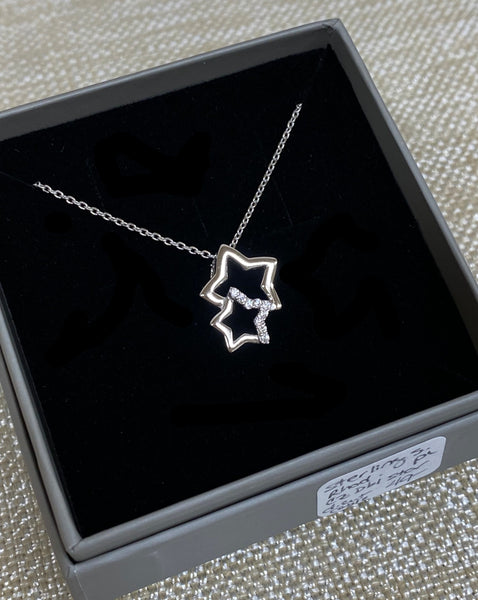 Sterling Silver Rhodium Plated CZ Double Star Necklace