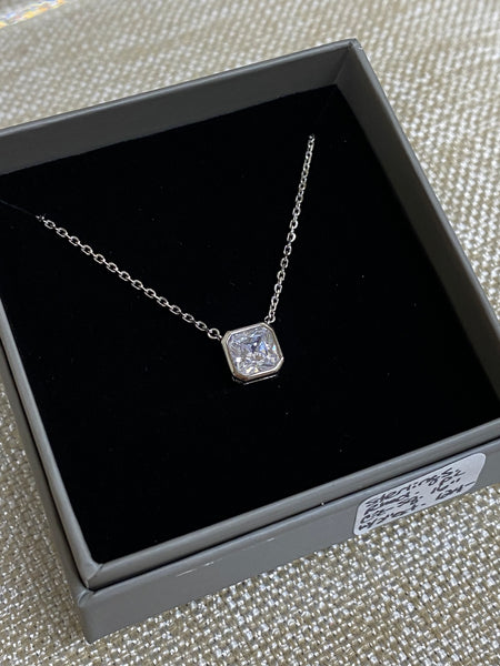 Sterling Silver Rhodium Plated Sq. White CZ Necklace