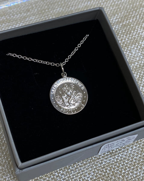 Sterling Silver Rhodium Plated Round St. Christopher Medal