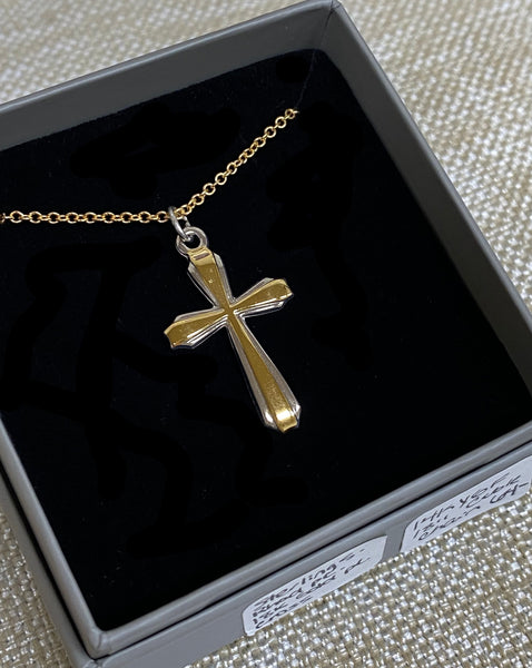 Sterling Silver Rhodium Plated 18K Gold Plated Cross Necklace