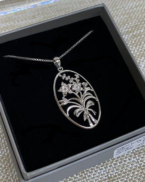 Sterling Silver Rhodium Plated Oval Floral Necklace