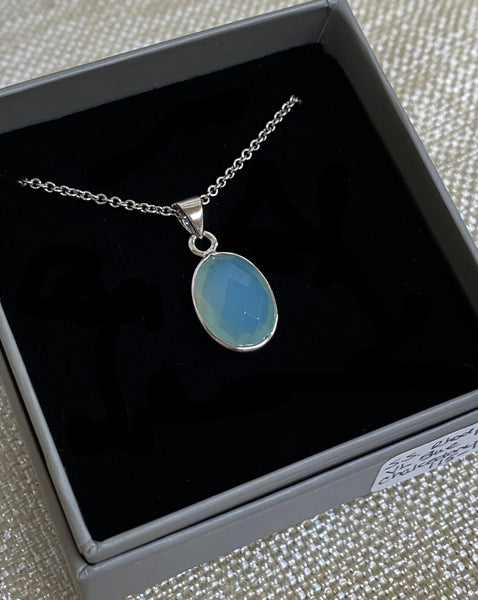 Sterling Silver Rhodium Plated Oval VL Blue Chalcedony Necklace