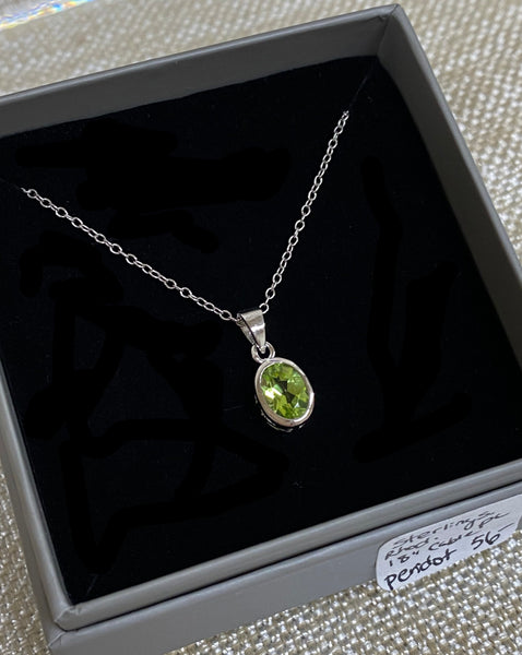 Sterling Silver Rhodium Plated Oval Peridot Necklace