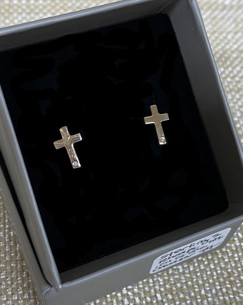 Sterling Silver Rhodium Plated "White Ice" .01ct Diamond Cross Earrings