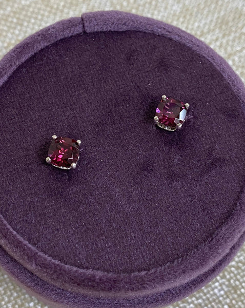 Sterling Silver Rhod Plated 6mm Cushion Cut Rhodolite "AA" Garnet Stud Earrings