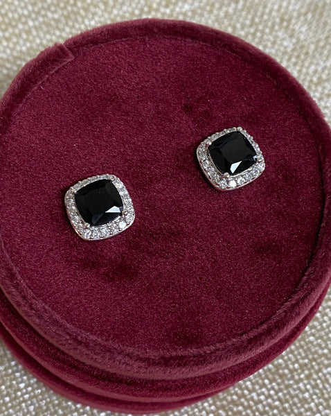 Sterling Silver Cushion Cut Black Onyx and CZ Earrings