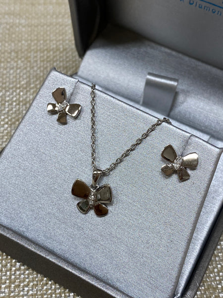 White Ice Sterling Silver and Diamond Butterfly Necklace and Earring Set