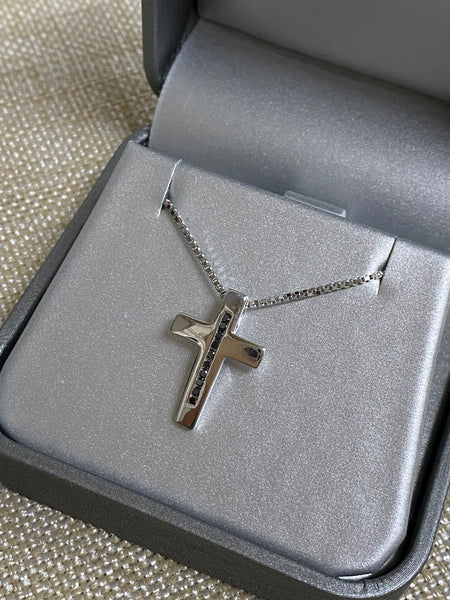 White Ice - Sterling Silver Rhodium Plated, .1ct Black Diamond Cross Necklace