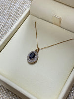 10K Yellow Gold Genuine Blue Sapphire and Diamond Halo Necklace