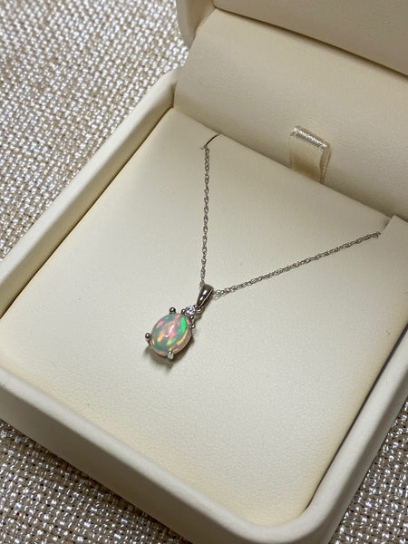 14K White Gold Ethiopian Opal .04tw Diamond Necklace