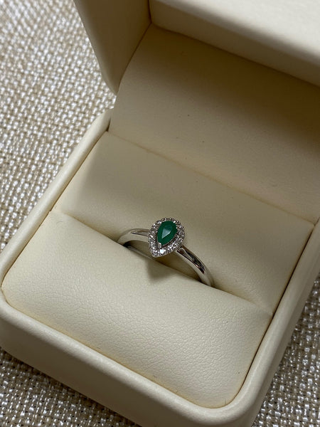 10K White Gold .35tw Genuine Emerald .07tw Diamond Pear Halo Ring