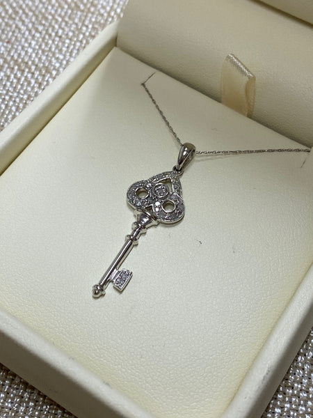 10K White Gold and Genuine Diamond Key Necklace