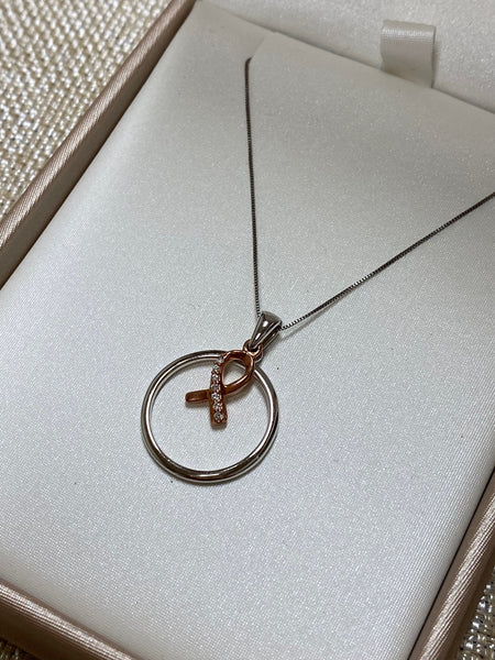 14K White and Rose Gold Cancer Ribbon and Circle Necklace