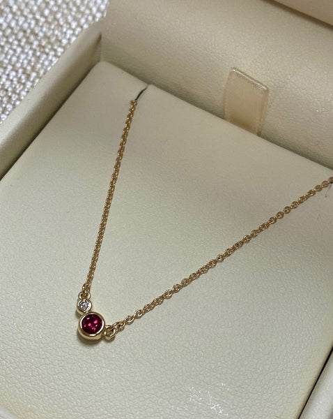 14K Yellow Gold 3mm C. Ruby .02tw Diamond Necklace