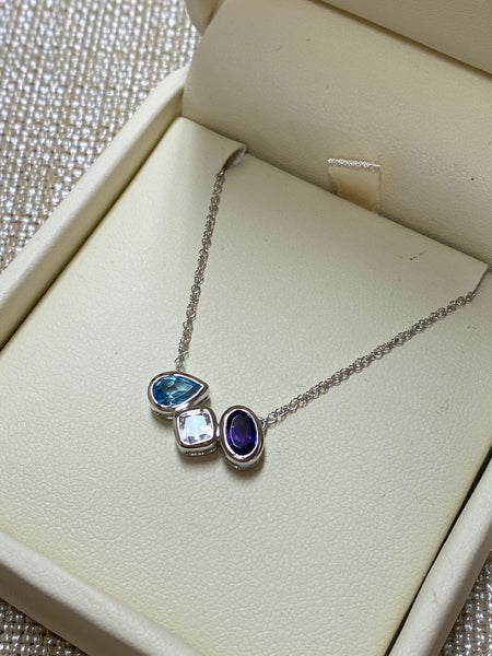 10K White Gold Amethyst, White Sapphire, Blue Topaz Necklace