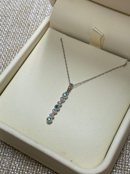 10K White Gold C. Emerald and Diamond .01tgw Vertical Bar Necklace