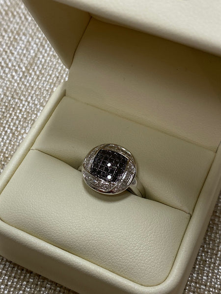 Sterling Silver Rhodium Plated Black and White Diamond Ring